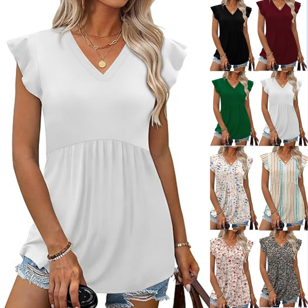 Comfortable Women's Style Clothes Pleated Sleeve Women's T-shirt