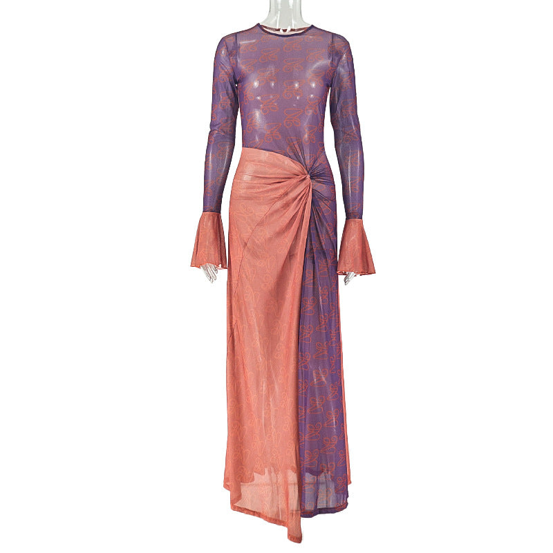 Women's Summer Thin Slightly Transparent Sheath Asymmetric Round Neck Pleated Long Skirts