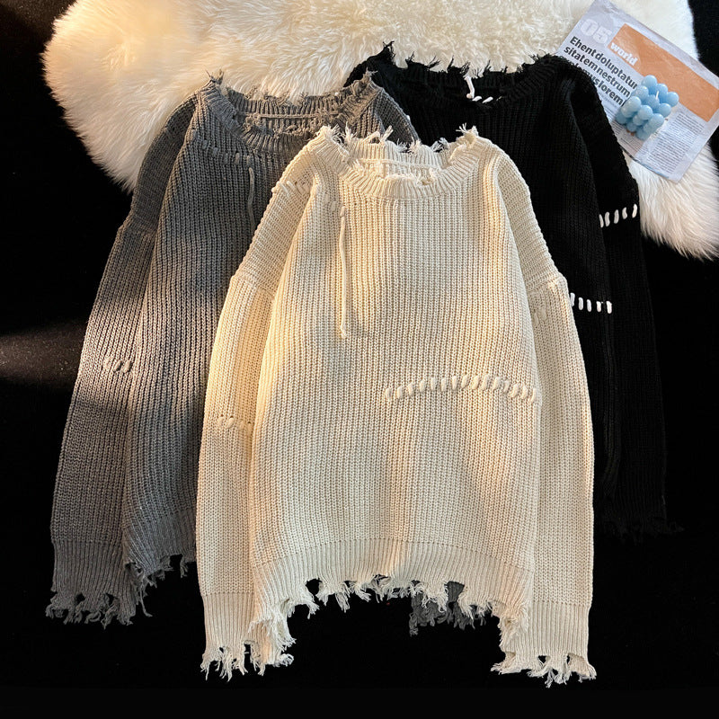 Design Sense Niche Male Female Trendy Ripped Round Neck Loose Women's Sweater