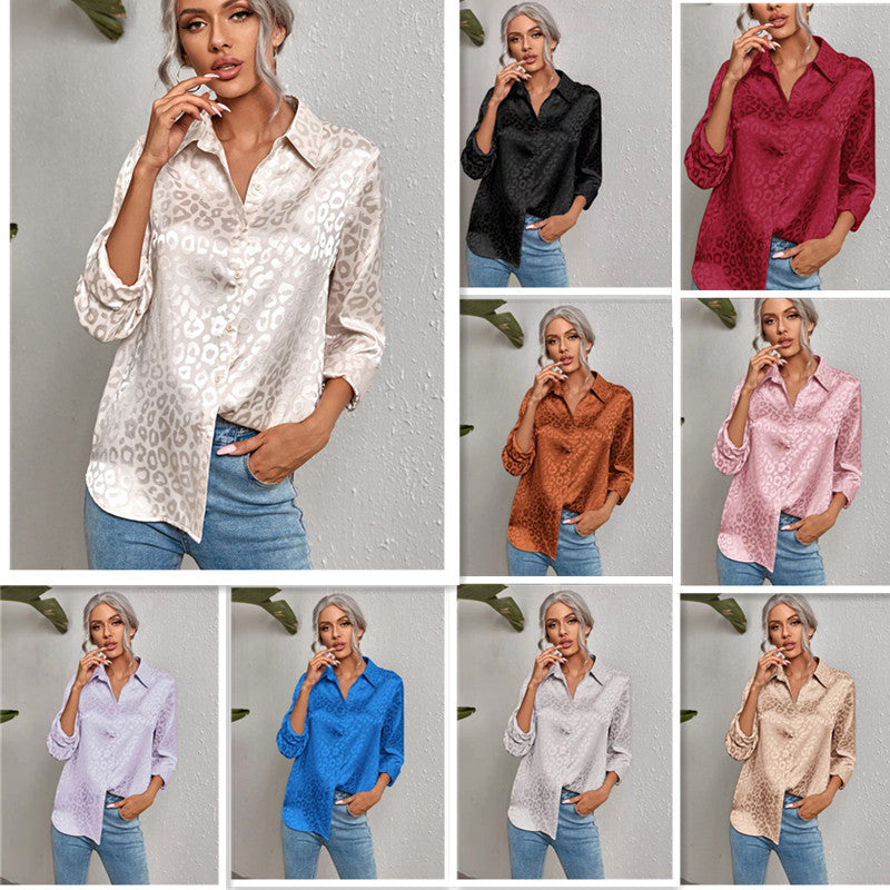 Women's Open Button Leopard Jacquard Shirt Temperament Commute Long Blouse