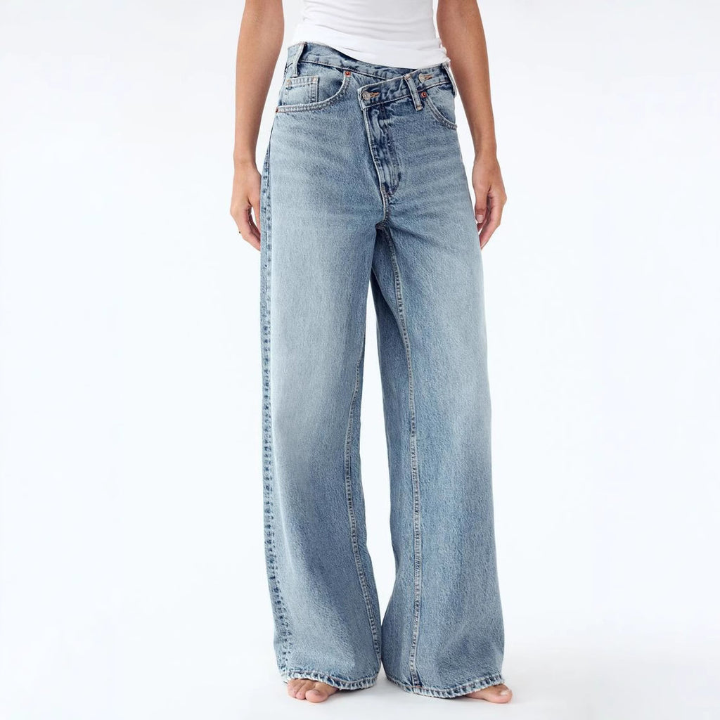Elegant Glamorous Casual Straight Diagonal Button Women's Jeans