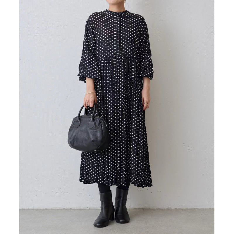 Loose Mid-length Black Round Neck Pleated Sleeve White Polka Dot Dress