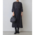 Loose Mid-length Black Round Neck Pleated Sleeve White Polka Dot Dress