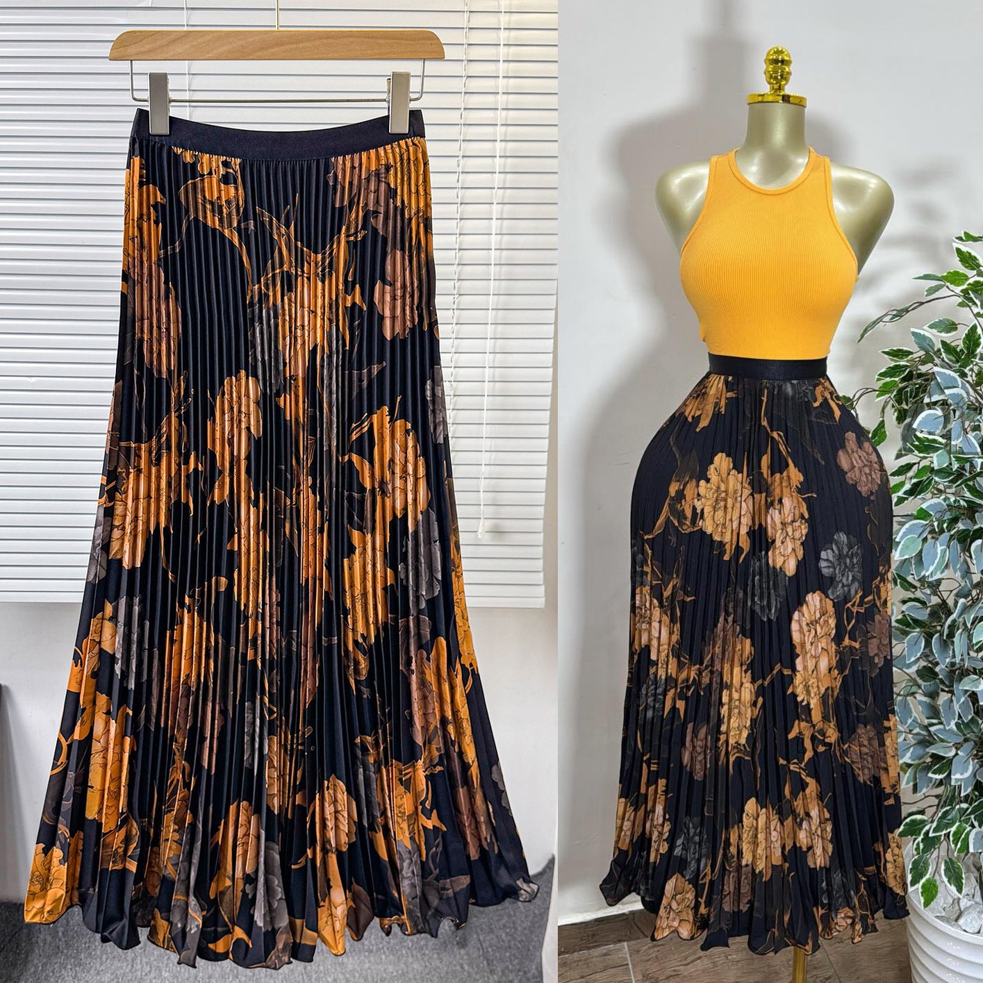 Women's Retro Printed High Waist A- Line Mid-length Pleated Large Hem Skirt
