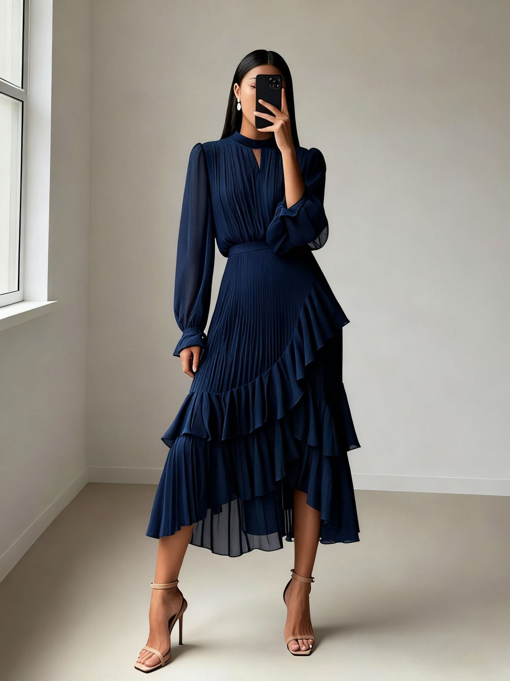 Solid Color Ruffled Pleated Formal Mid-length Dress