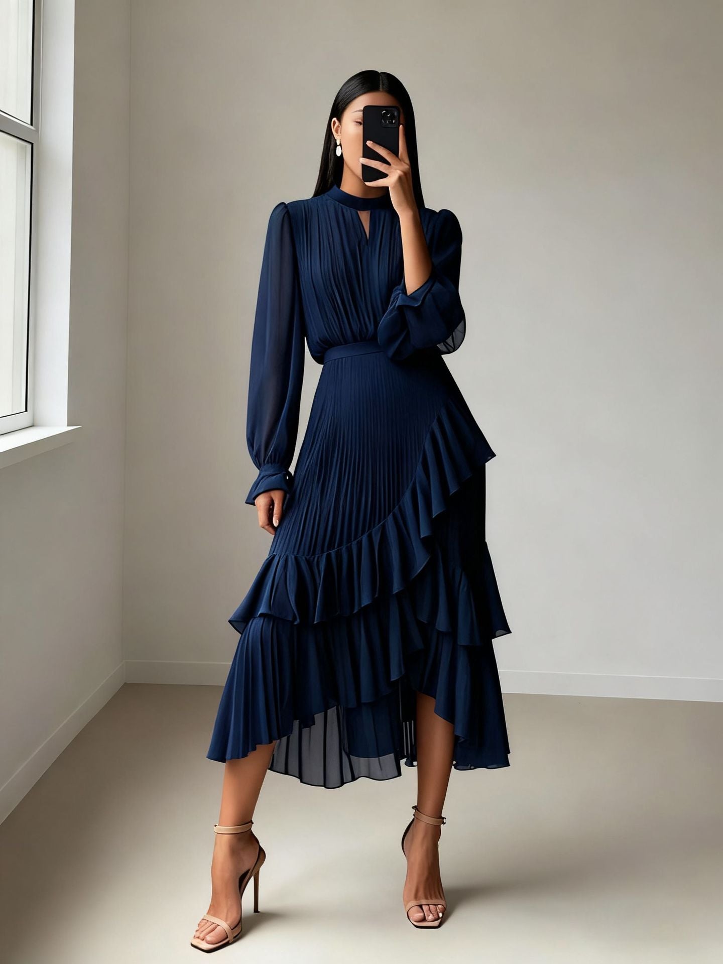 Solid Color Ruffled Pleated Formal Mid-length Dress