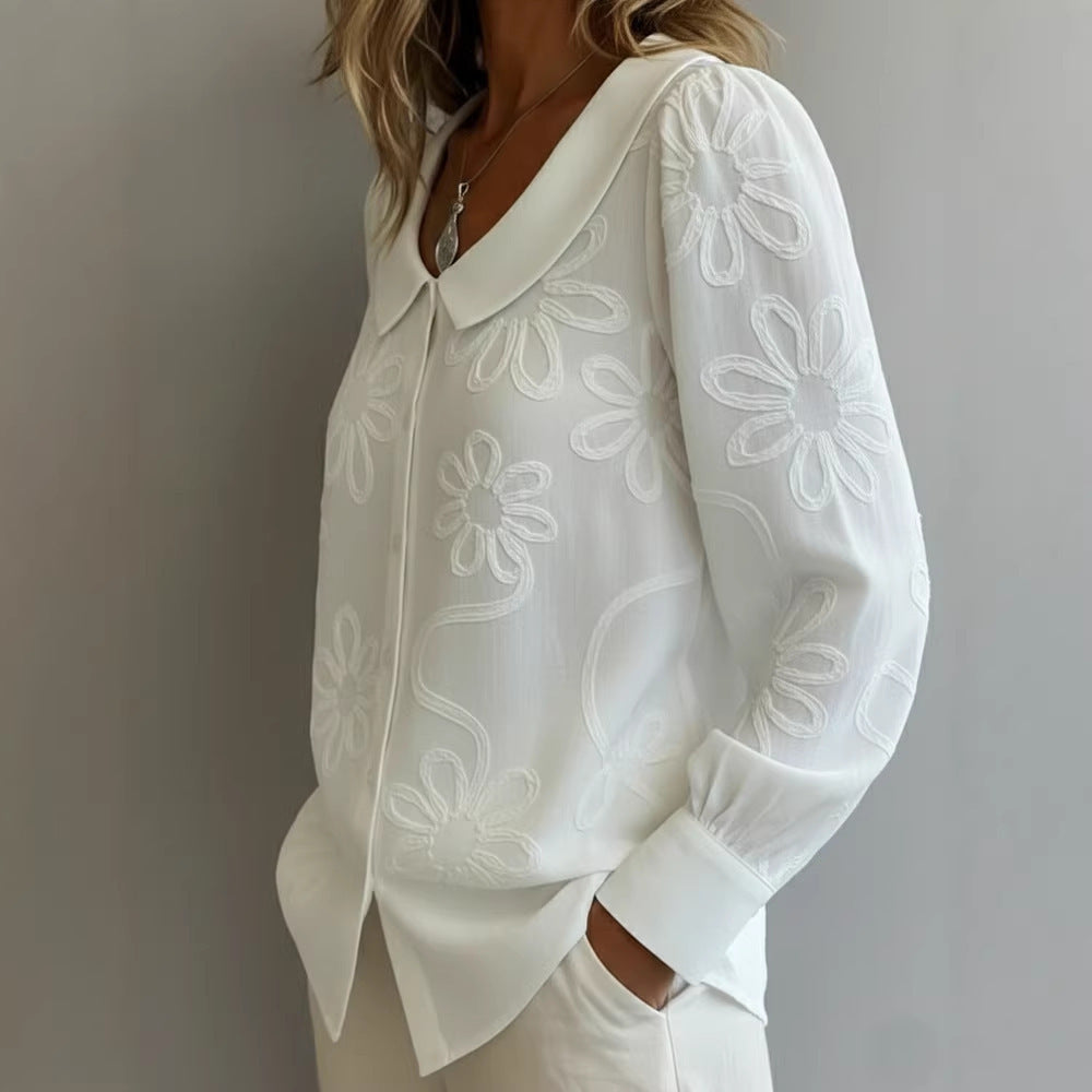Embroidered Jacquard Doll Collar Long Sleeve Blouse