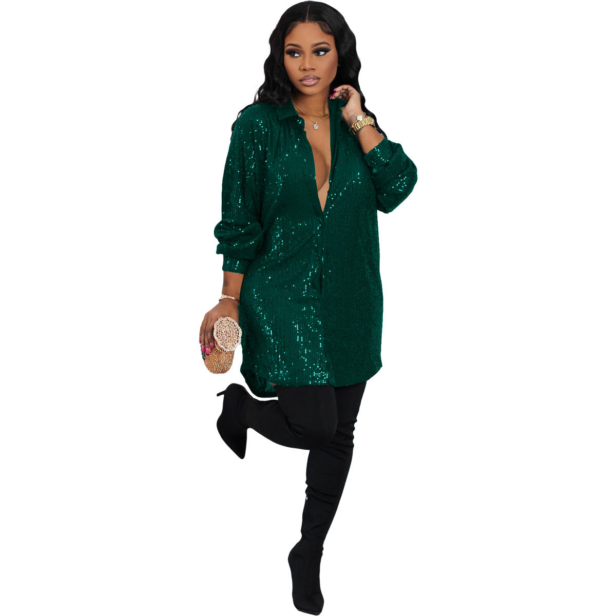 Women's Pure Color Sequins Loose Shirt Dress
