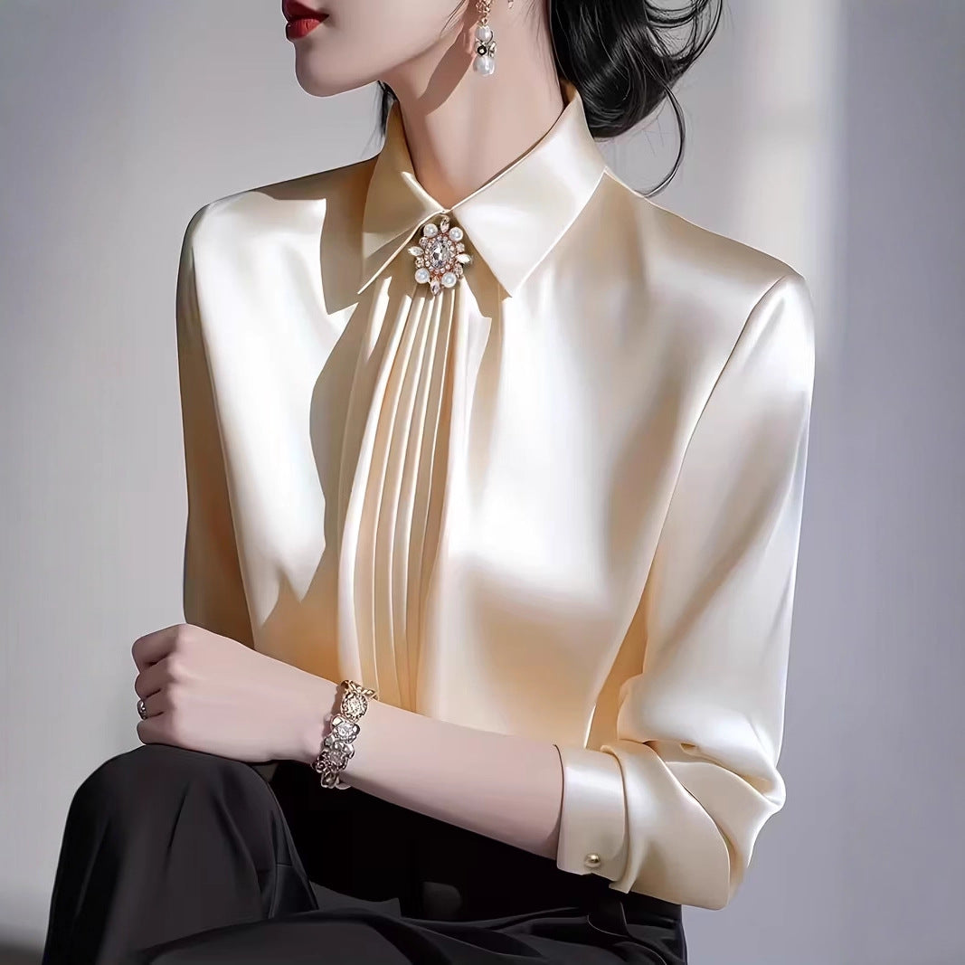Elegant Graceful Satin Shirt Pleated Long Sleeve Leisure Blouse