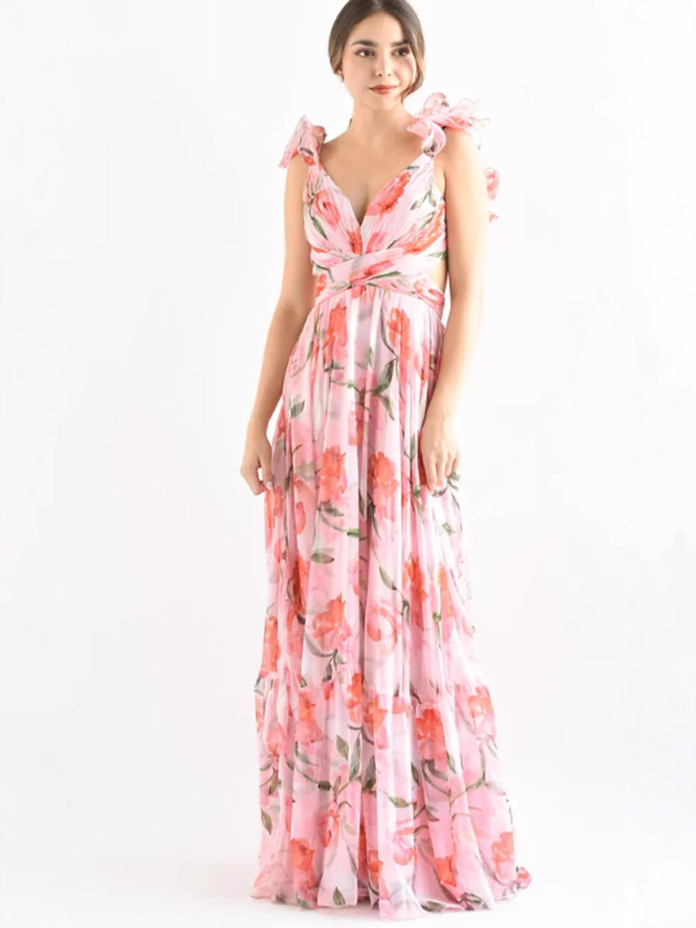 Women's Deep V Chiffon Long Printed Sleeveless Elegant Dress