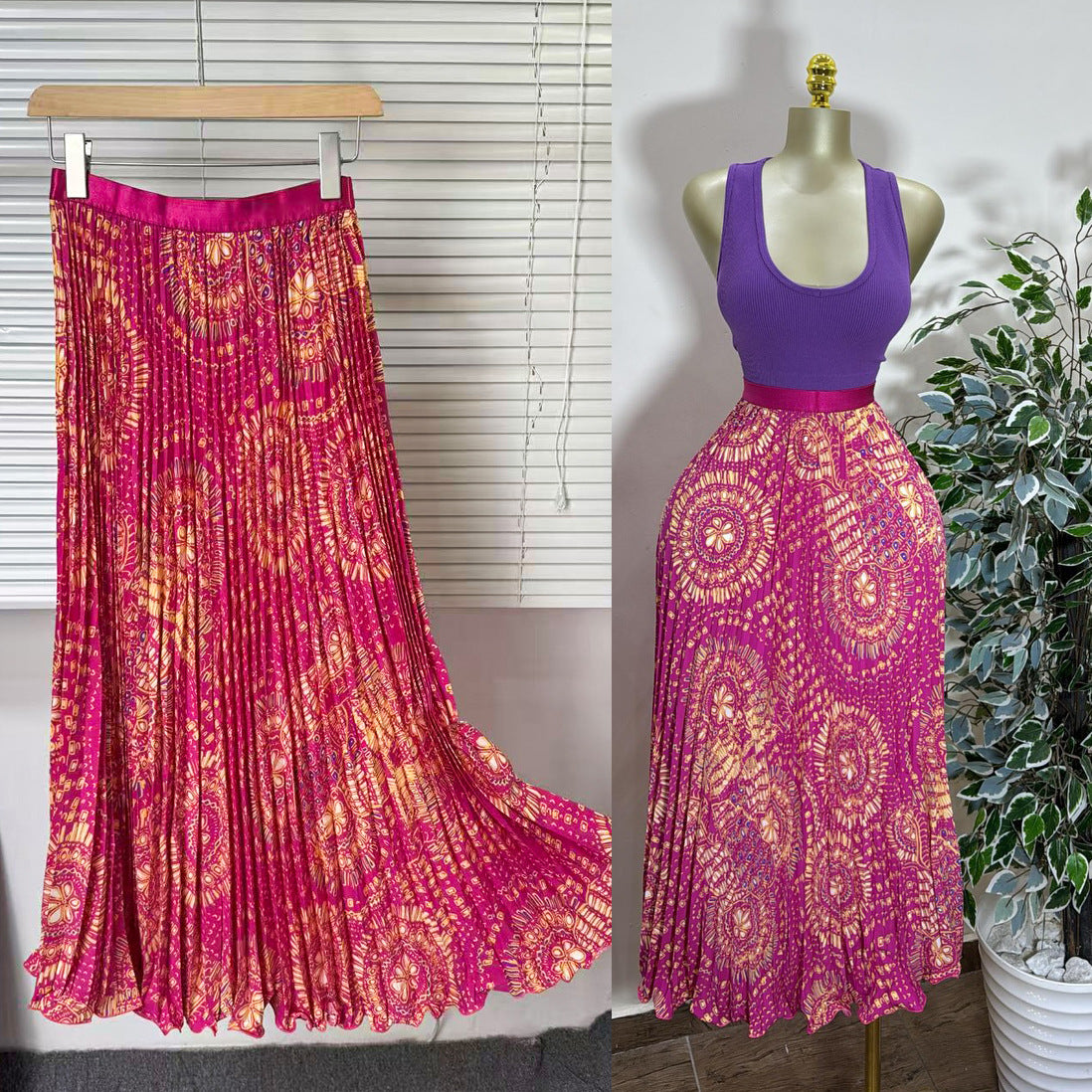 Women's Retro Printed High Waist A- Line Mid-length Pleated Large Hem Skirt