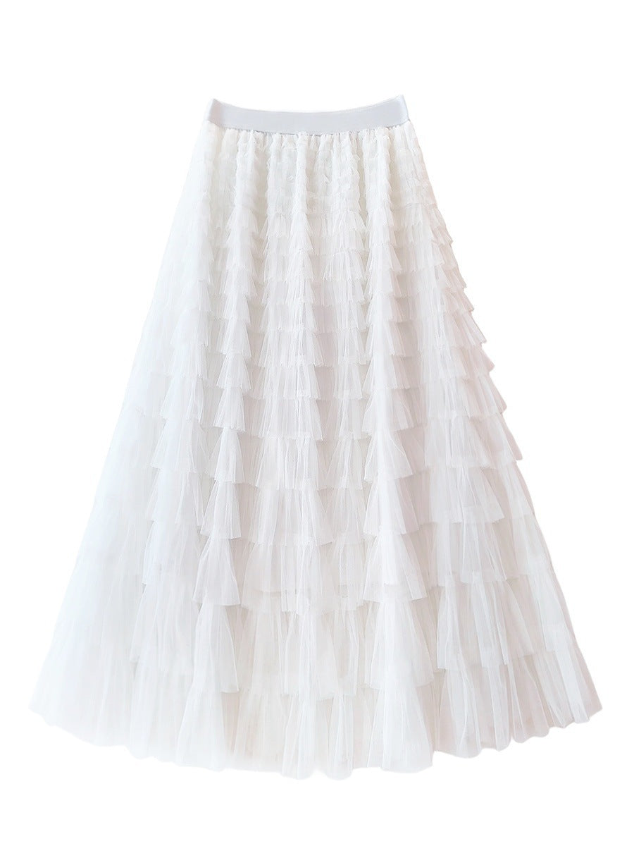 Women's Long Autumn Elegant Solid Color High Waist Net Yarn Cake Skirts