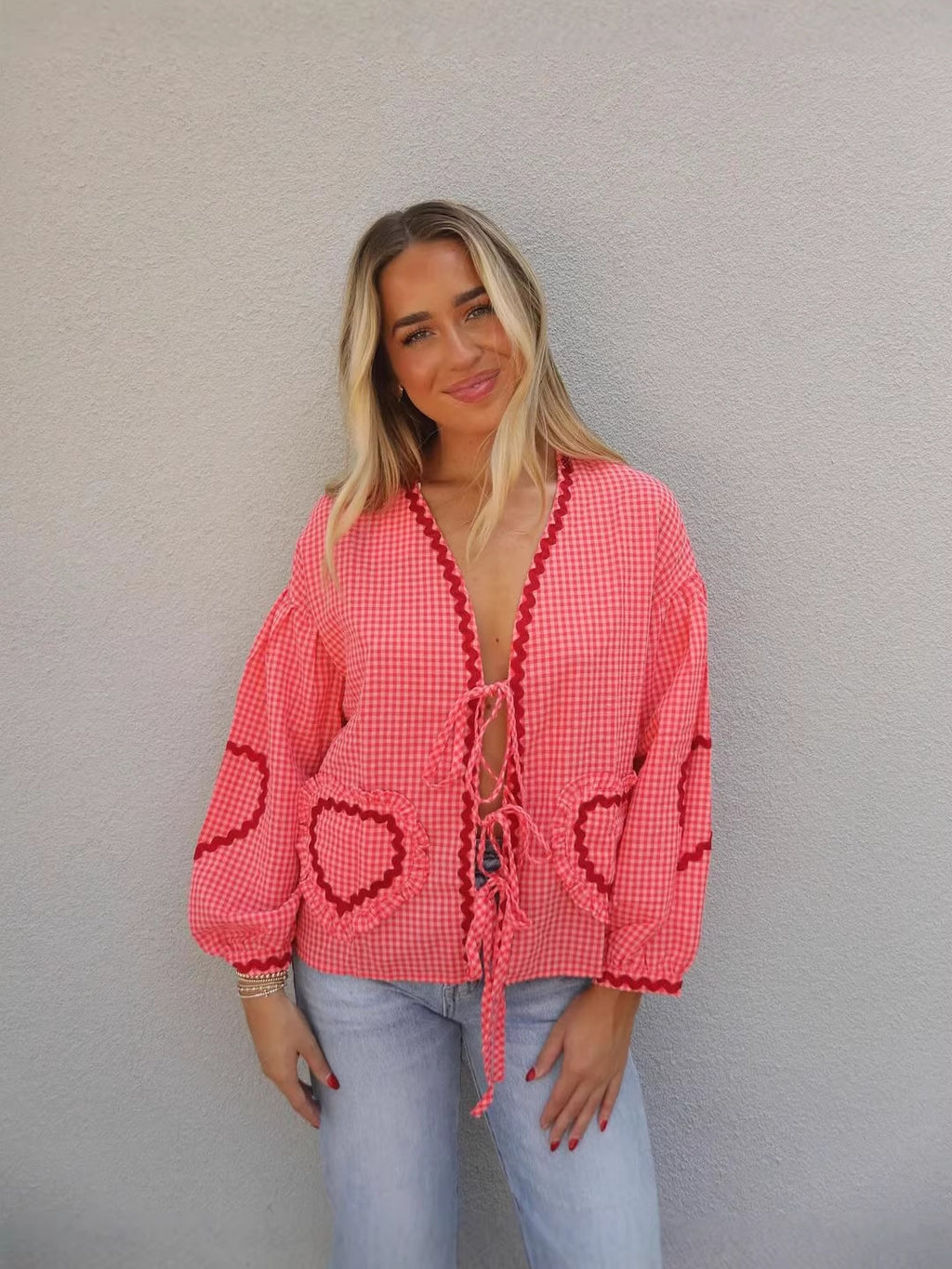 Lantern Sleeve Love Plaid Shirt French Design Blouse