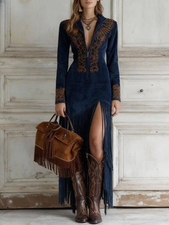 Women's Autumn Retro Ethnic Style Tassel Floral Zipper Skirts