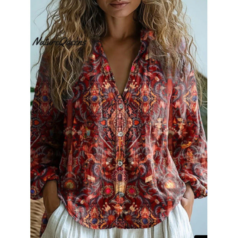 Women's Shirt Printed Exquisite Linen Fabric Tops