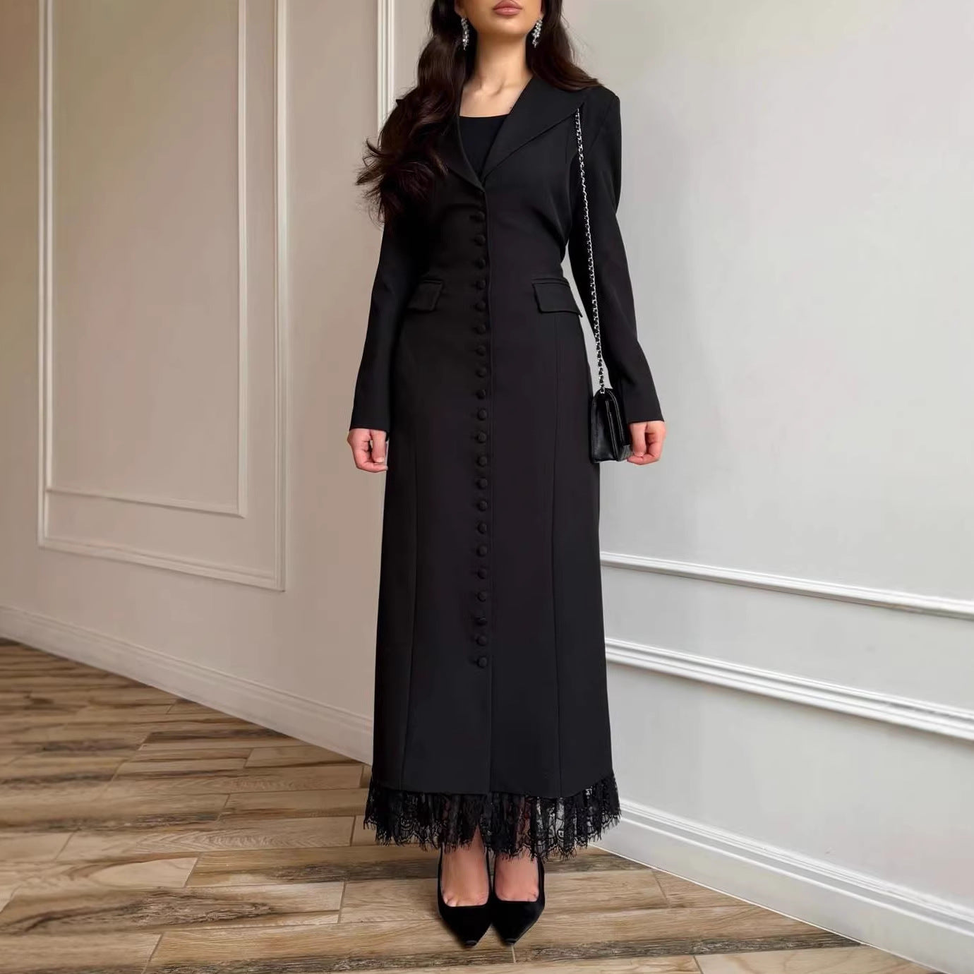 Women's Autumn Slim Lapel Lace Detail Pocket Design Clothing