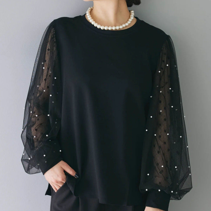Women's Autumn Loose Split Stitching Mesh Long-sleeved Women's T-shirt