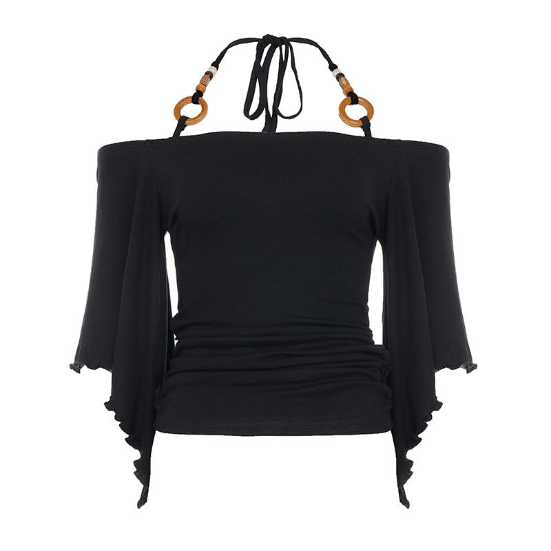 Vintage Stripe Flare Sleeve Hot Beaded Halter Niche Women's T-shirt