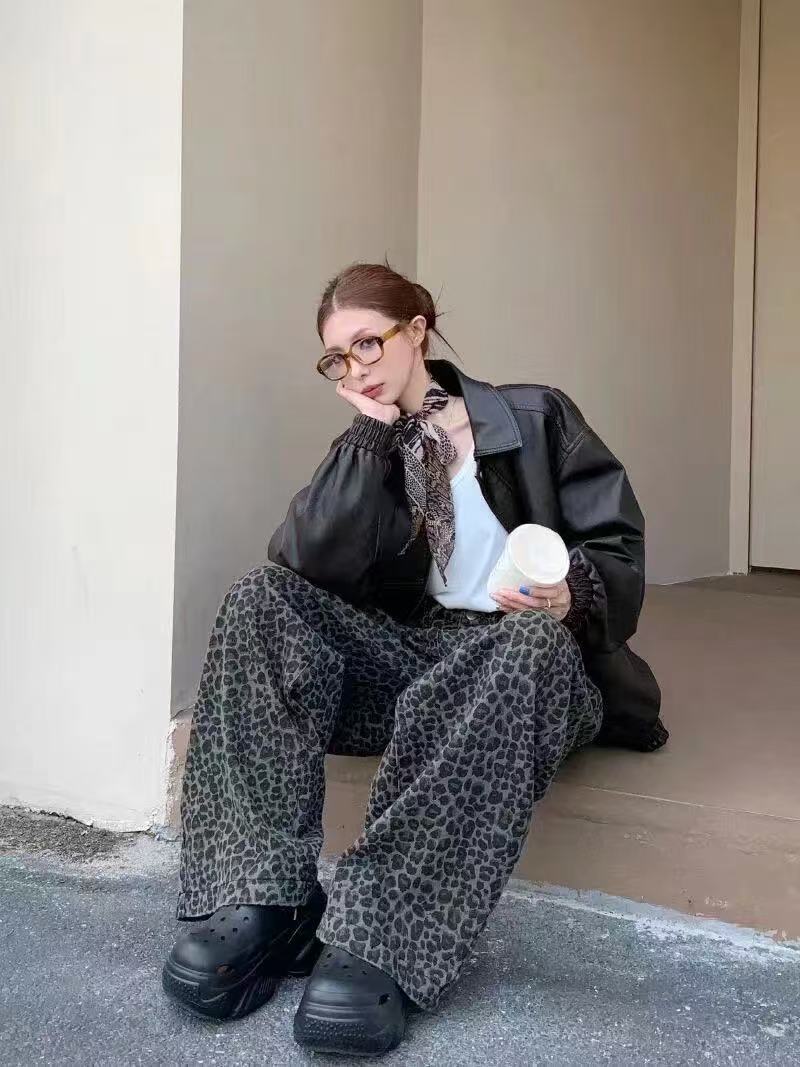 Women's & Men's Leopard Print Washed Distressed Straight Loose High Street Pants
