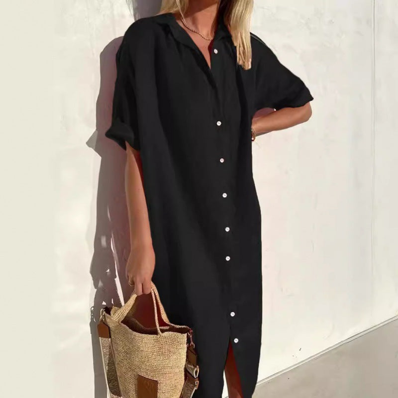Women's Elegant Casual Loose Sleeves Button Cotton Linen Long Pocket Shorts