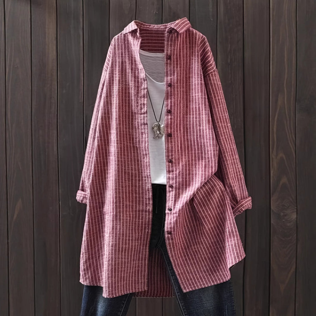 Women's Cotton Linen Striped Mid-length Long Sleeve Blouse