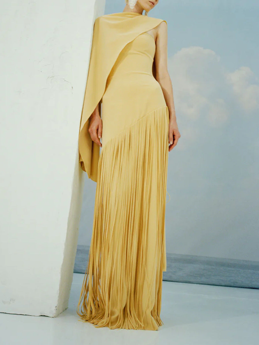 Women's Fashion Solid Color Shawl Design Sense Tassel Dress