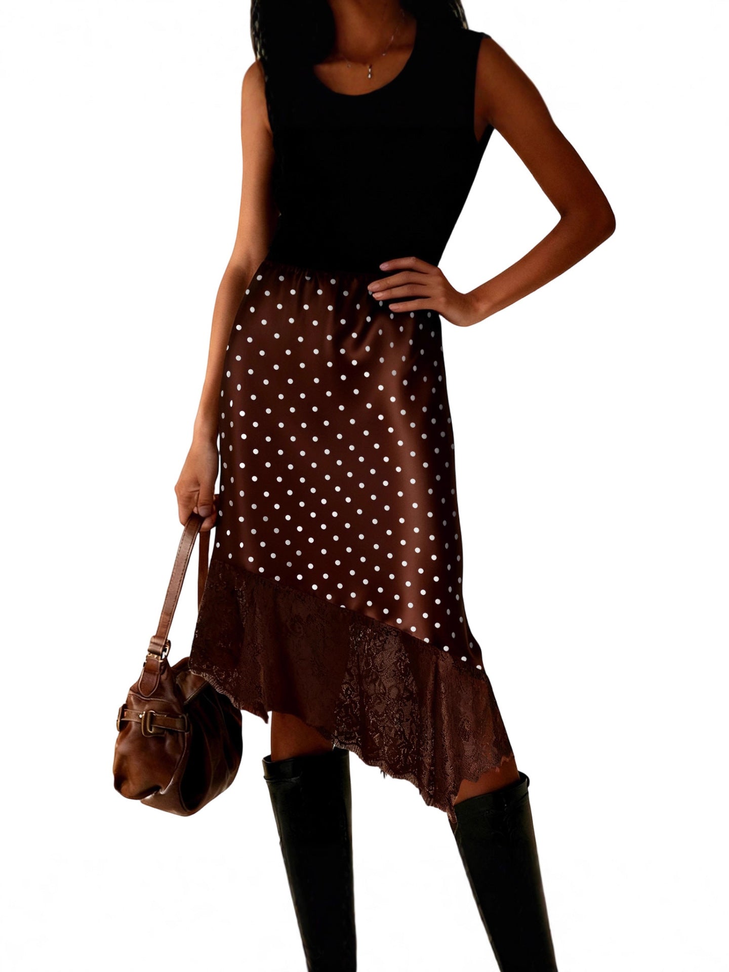 Women's Lace Stitching Summer Solid Color Satin Skirt
