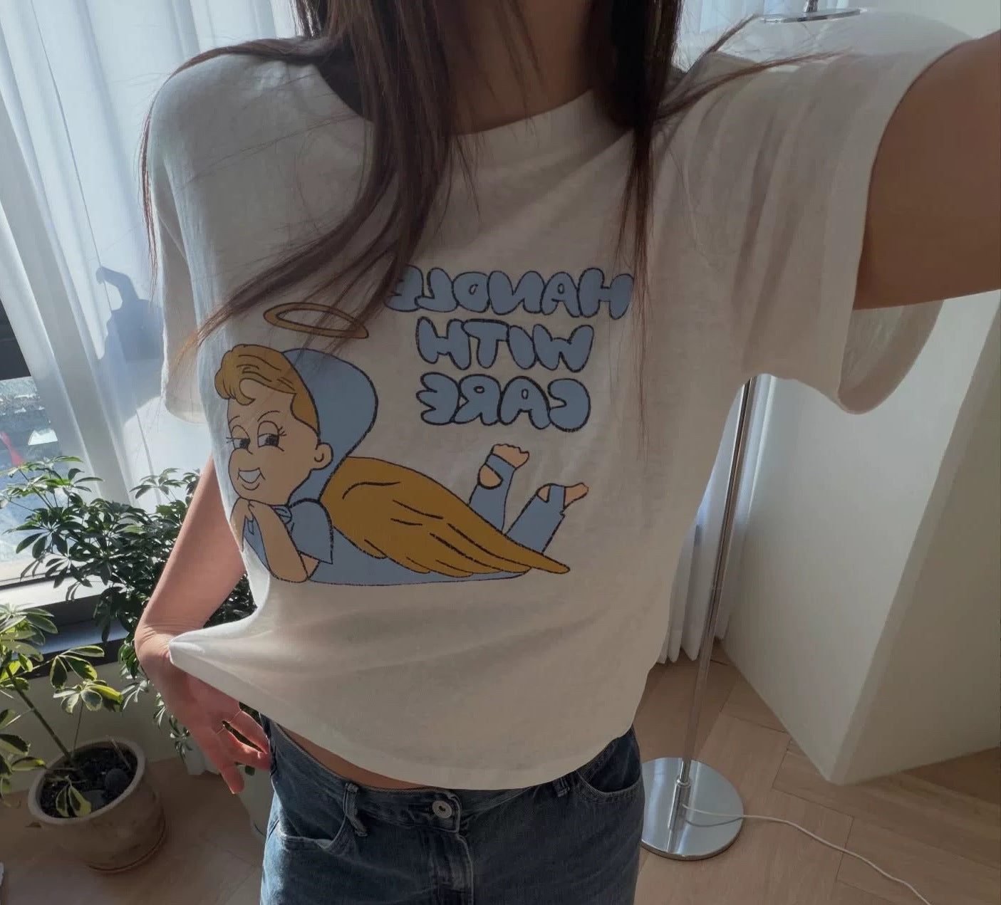 Summer Korean Style Printed Snowflake Cotton Short-sleeved Loose Round Neck Tops