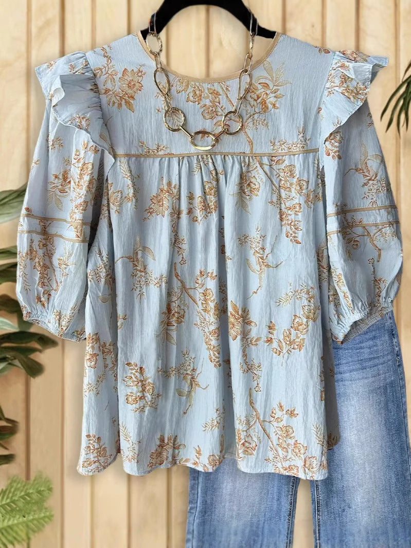 Printing Color Contrast Retro Loose Stitching Long Sleeve Shirt Blouse