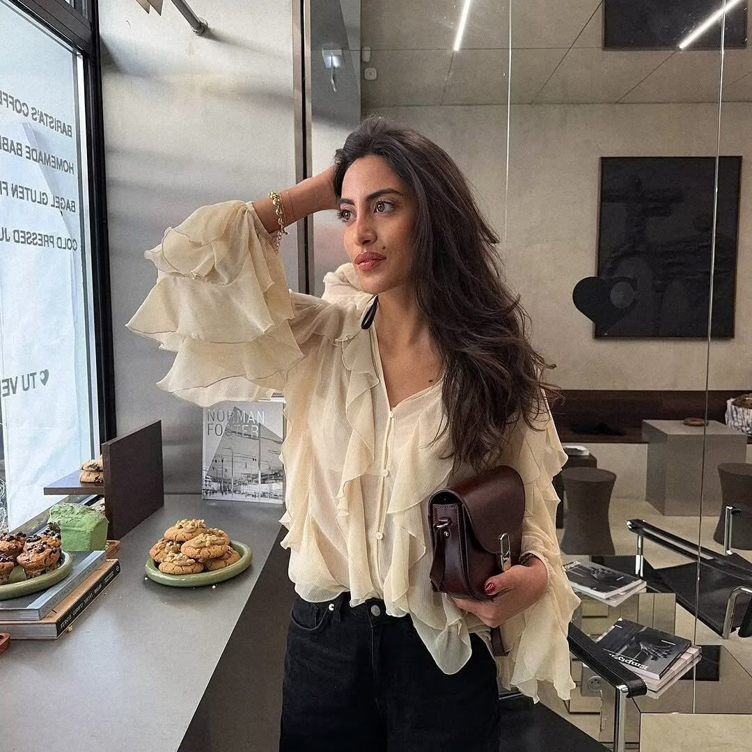 Women's Collar Laminated Decoration Shirt Long Sleeve Blouse