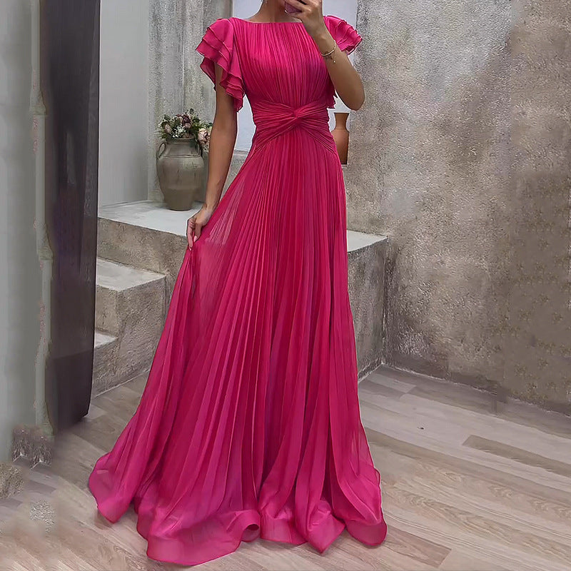 Fashion Round Neck Pleated Cross Solid Dress