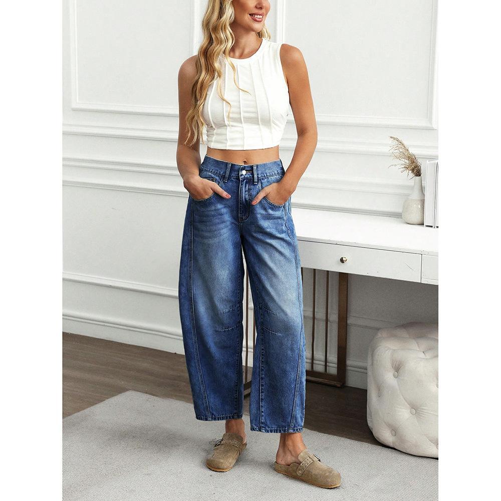 Women's European Loose Wide Leg Washed Trousers Jeans