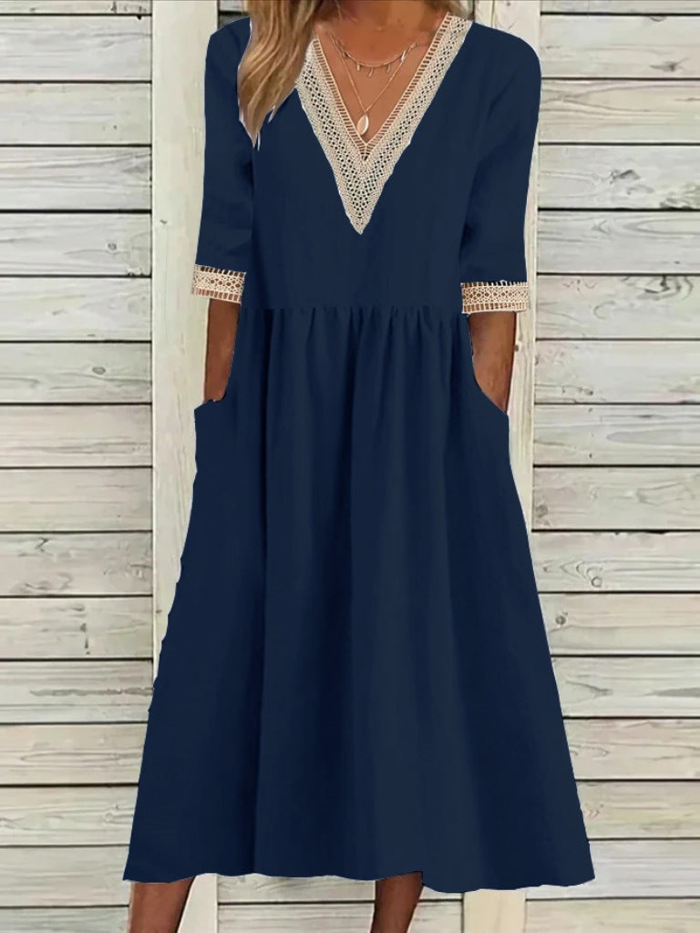 Women's Loose Cotton Linen Lace Collar Half Dress