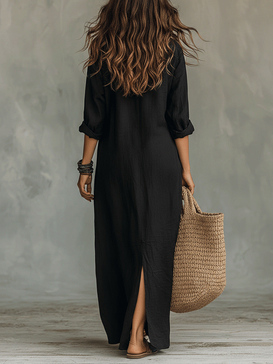 Casual Solid Color Polo Collar Front Dress