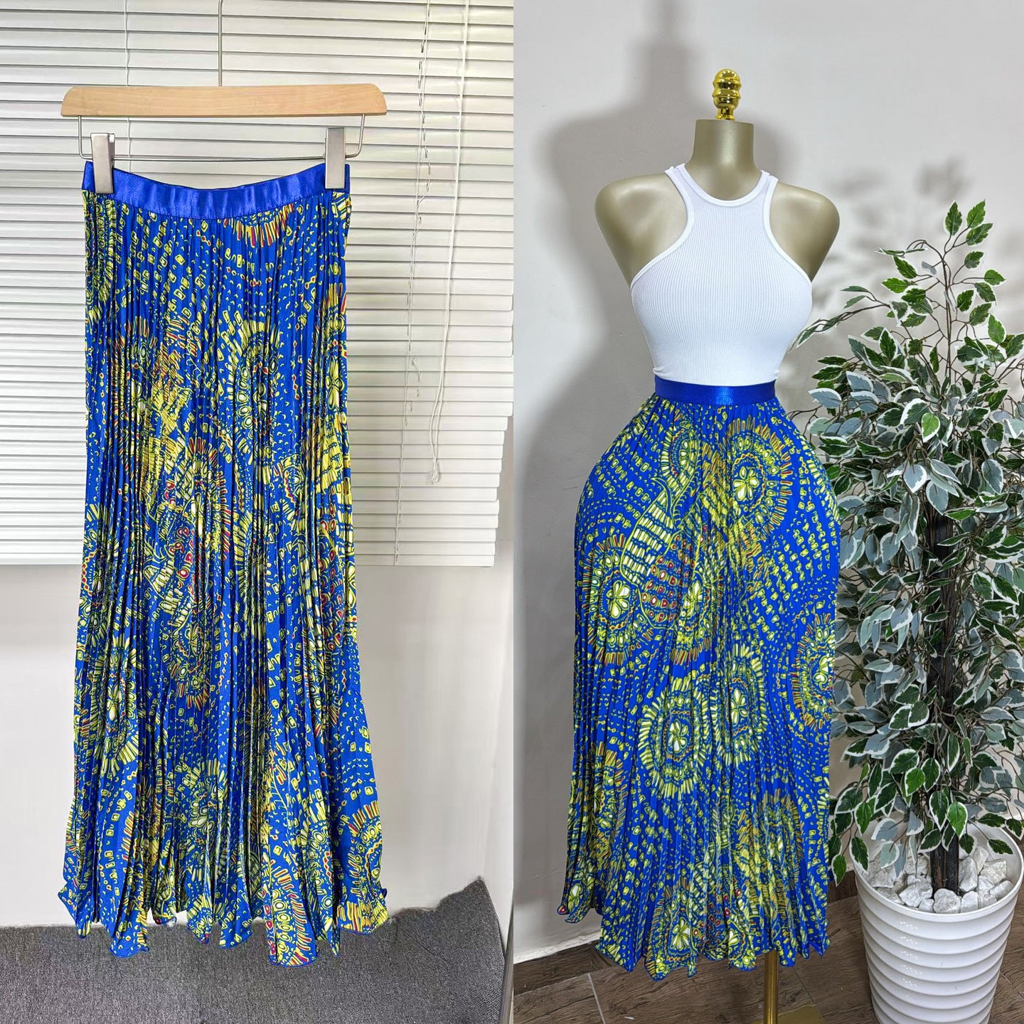 Women's Retro Printed High Waist A- Line Mid-length Pleated Large Hem Skirt
