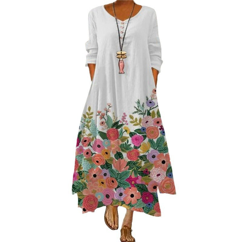 Women's Popular Printed Long-sleeved Hem Irregular Long Dress