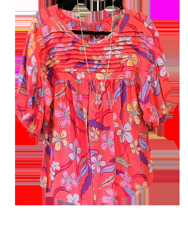Women's Pleated Round Neck Printed Shirt Blouse