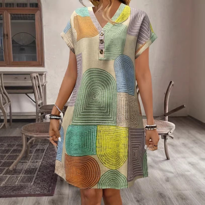 Women's Summer Geometric Pattern Elegant Button Loose Dress
