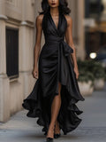 Women's Satin Sleeveless Waist Trimming Ruffles Elegant Dress