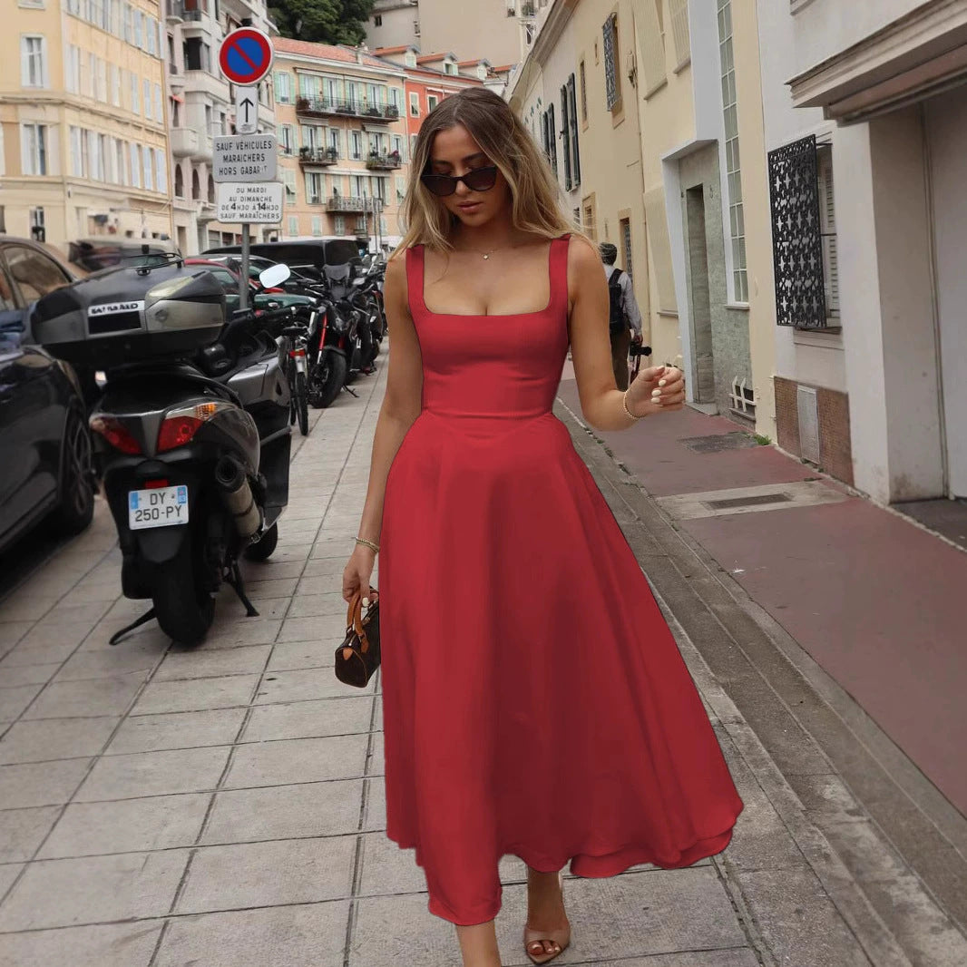 Women's Square Collar Sleeveless Waist Trimming Spaghetti Dress