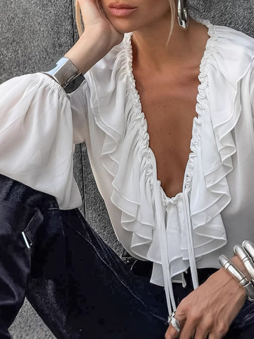 Women's White Ruffle Autumn Design Lantern Sleeve Chiffon Shirt Commuting Tops