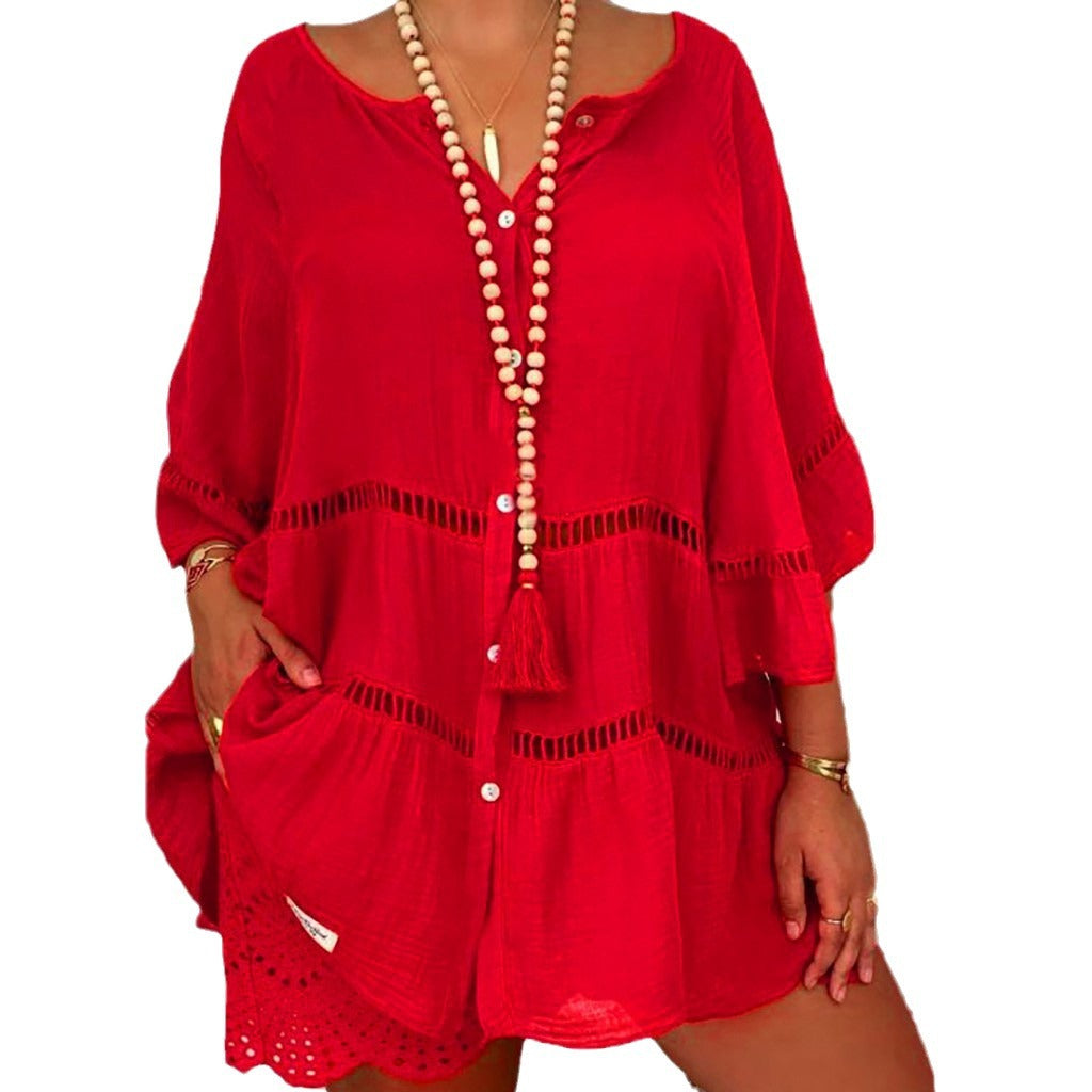 Women's Three-quarter Sleeve Cotton Linen Loose Button Dress