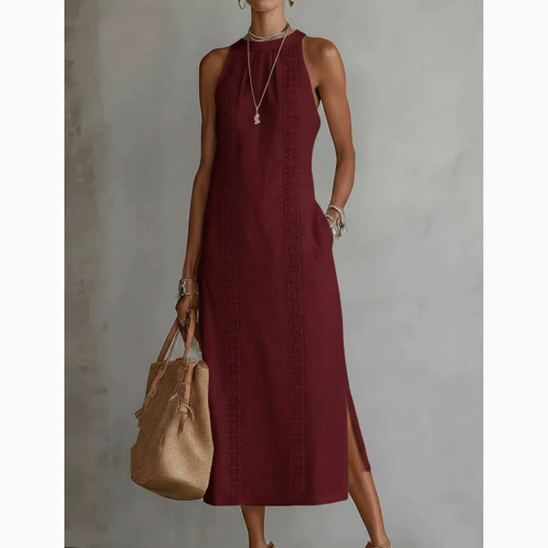 Women's Round Neck Sleeveless Lace Split Solid Color Cotton Dress