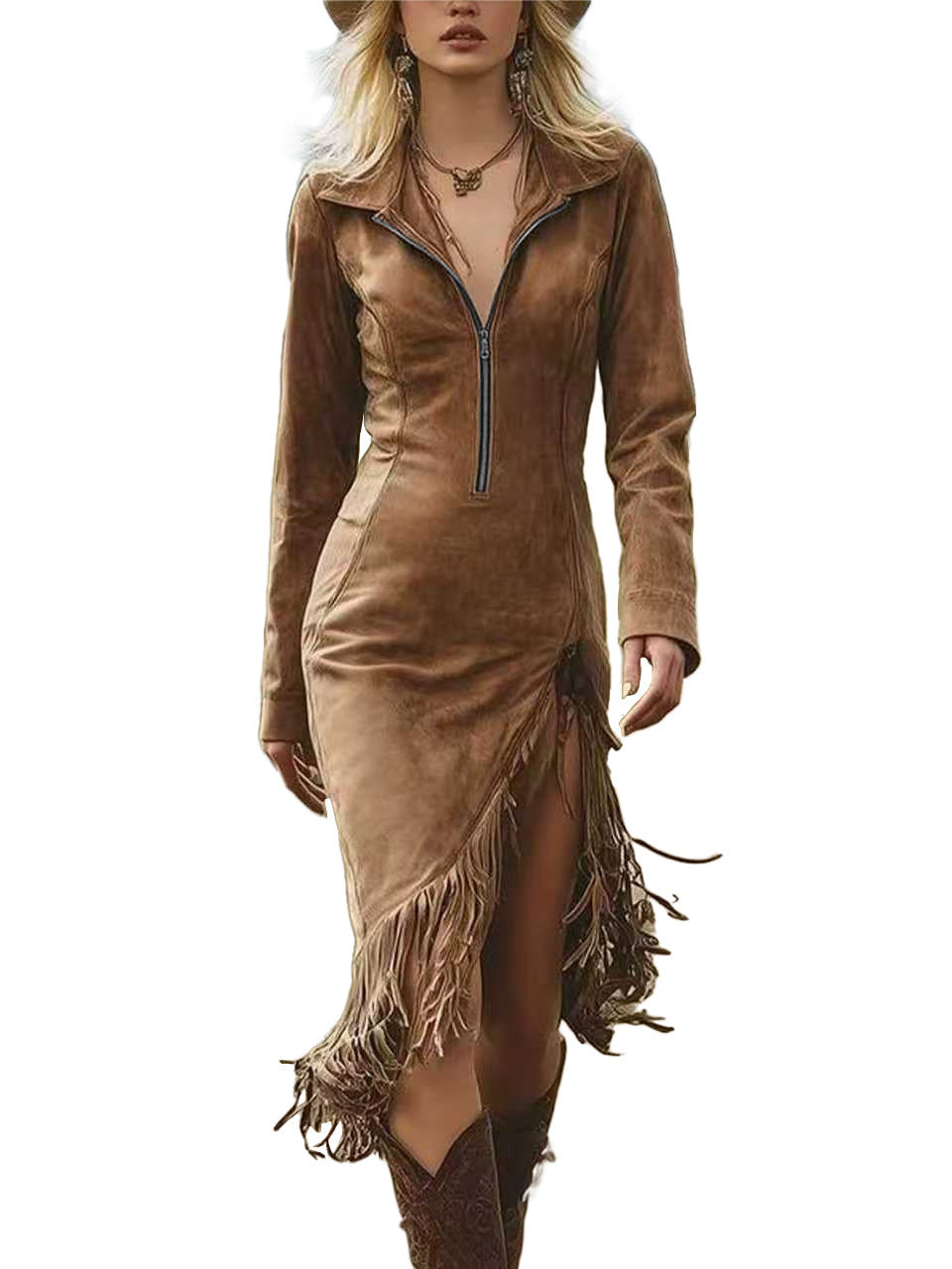 Western Denim Suede Tassels Long Sleeve Dress