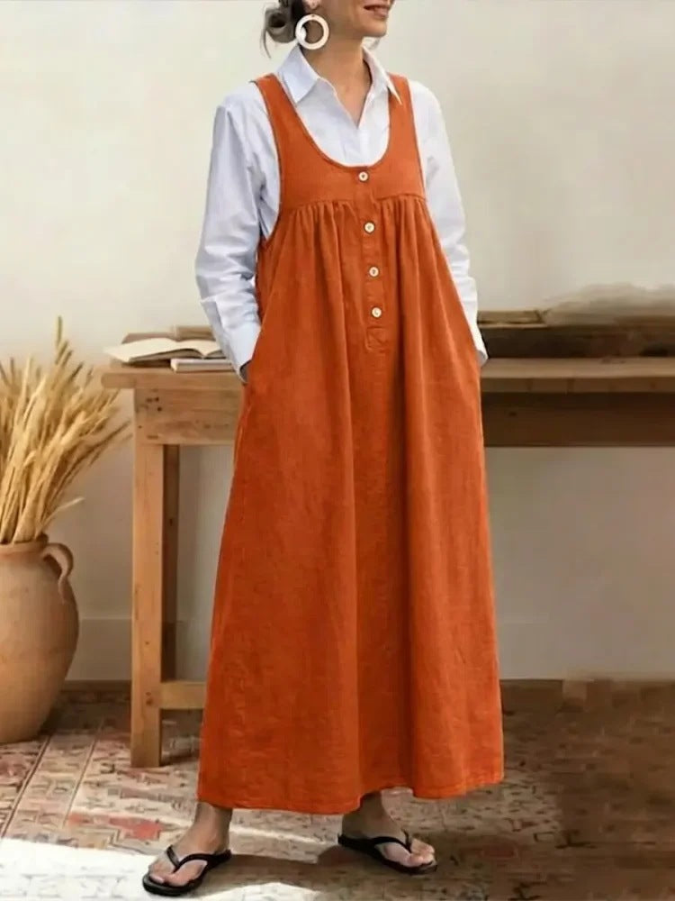 Solid Color Buttons Suspender Sleeveless Loose Dress
