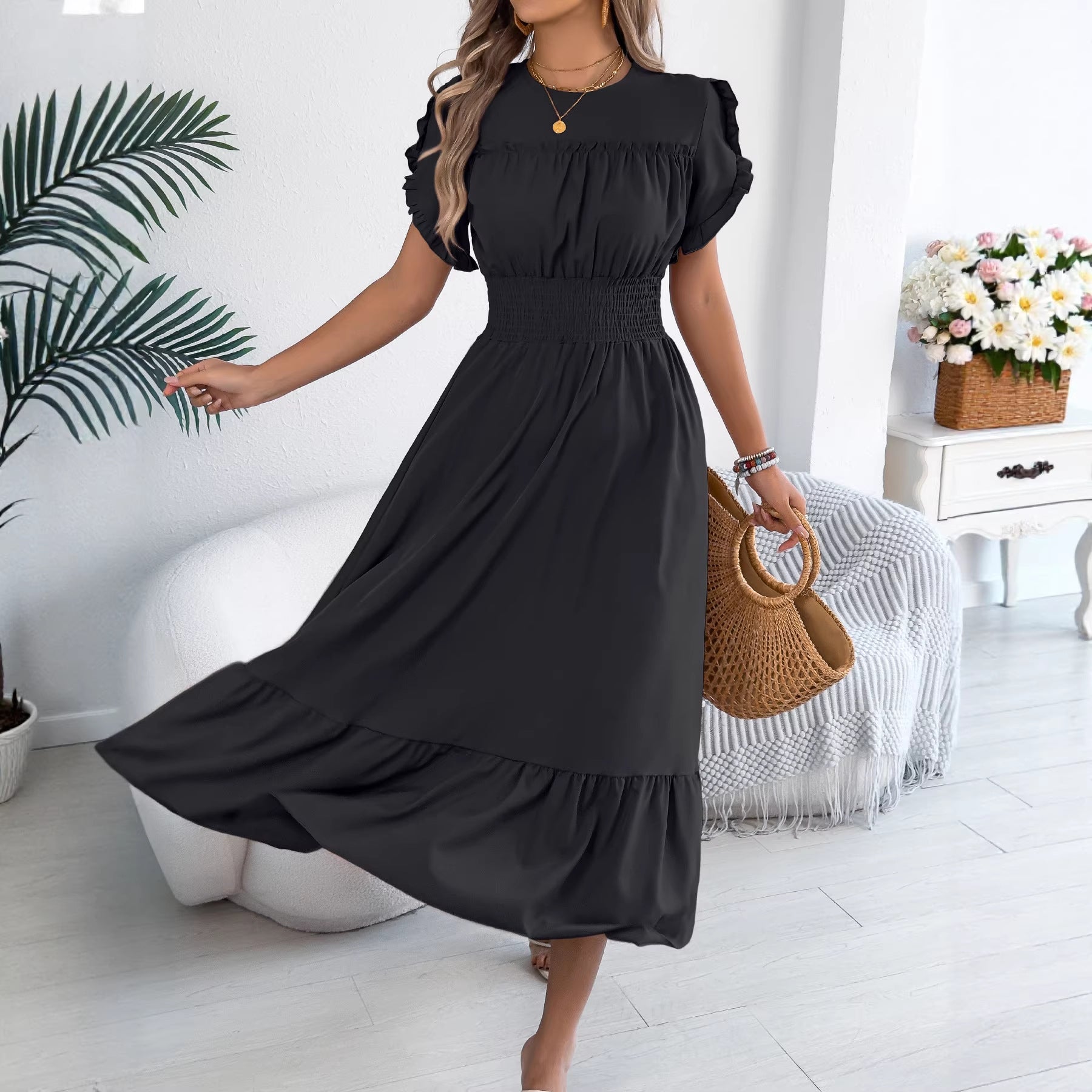 Women's Casual Stringy Seedge Sleeve Smocking Large Hem Shorts