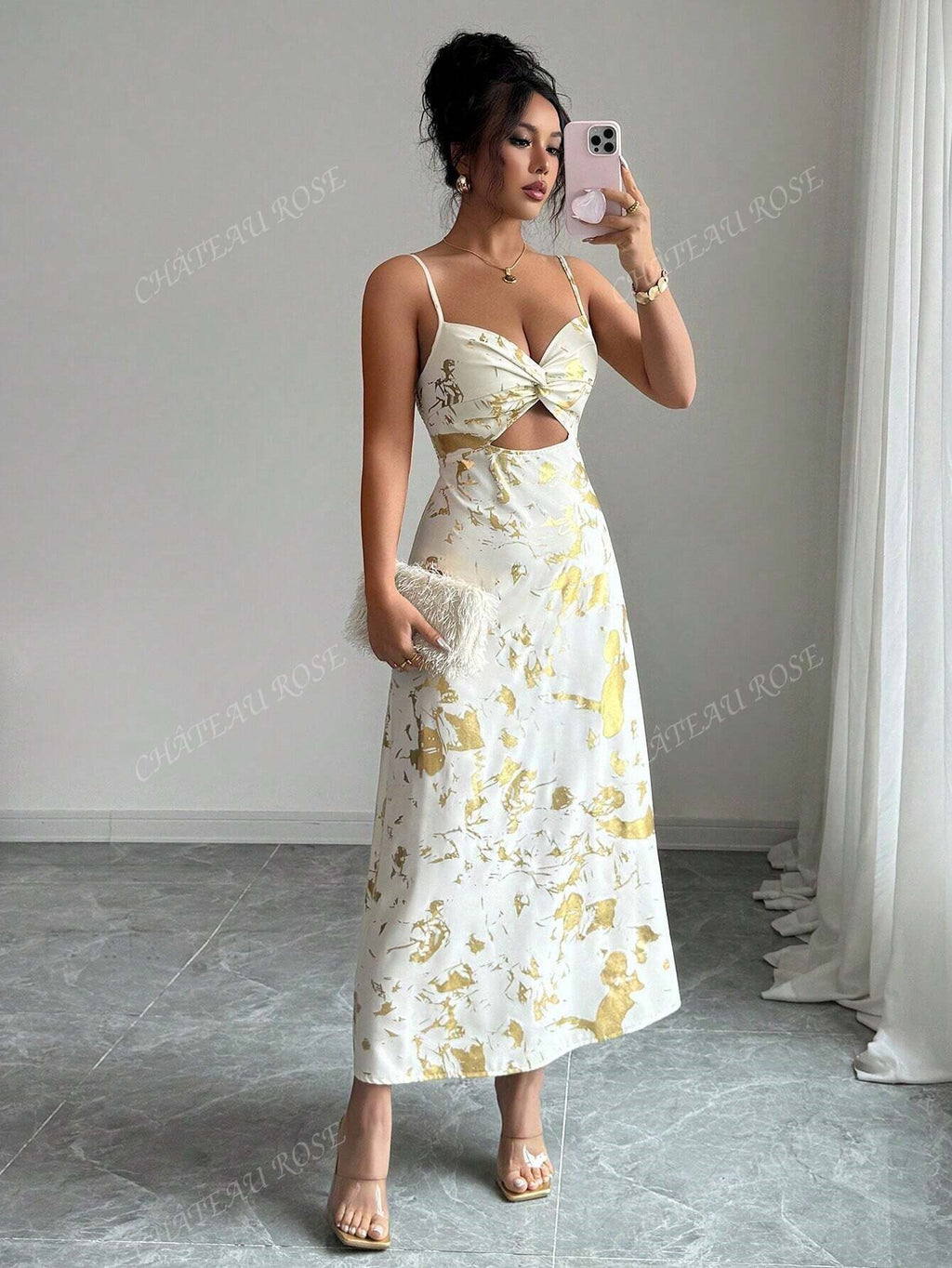 Women's Elegant Backless Beach Travel For Fully Golden Foil Print Dress