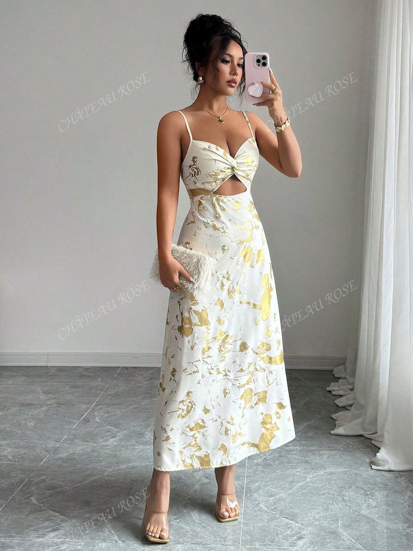 Women's Elegant Backless Beach Travel For Fully Golden Foil Print Dress