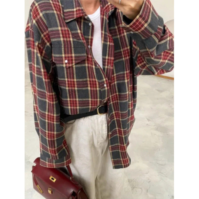 Women's Style Lapel Loose Shirt Autumn Plaid Long Blouse