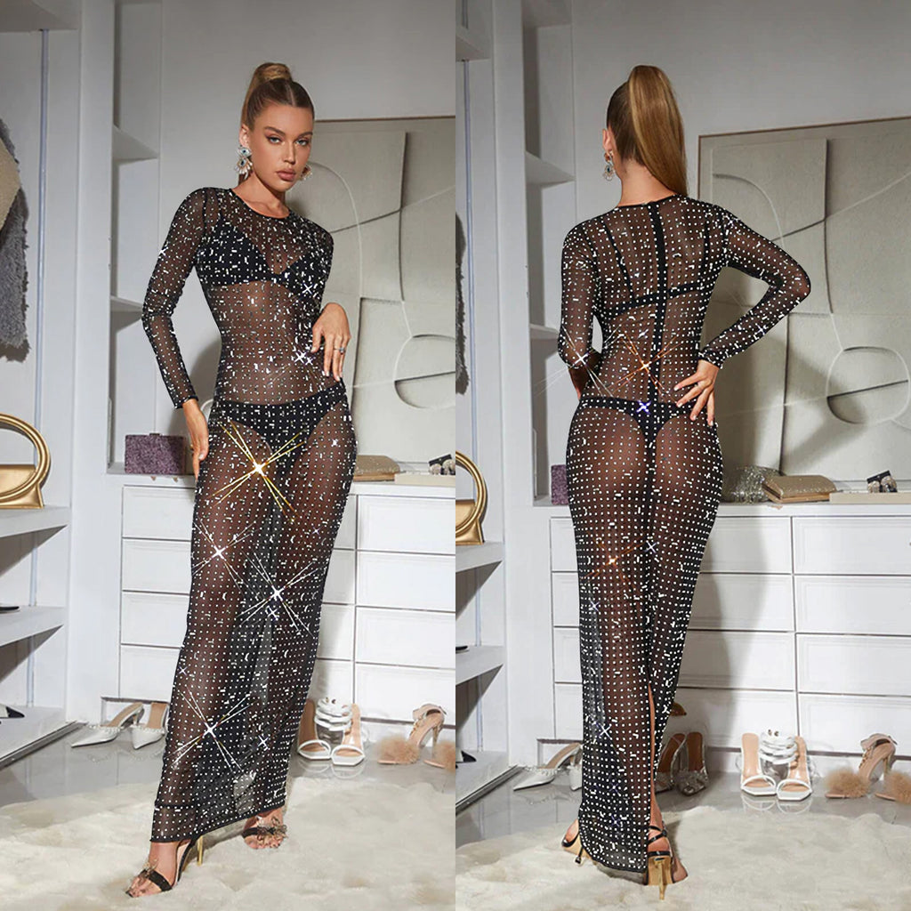 Women's Wear Pure Color Mesh Rhinestone Long Dress